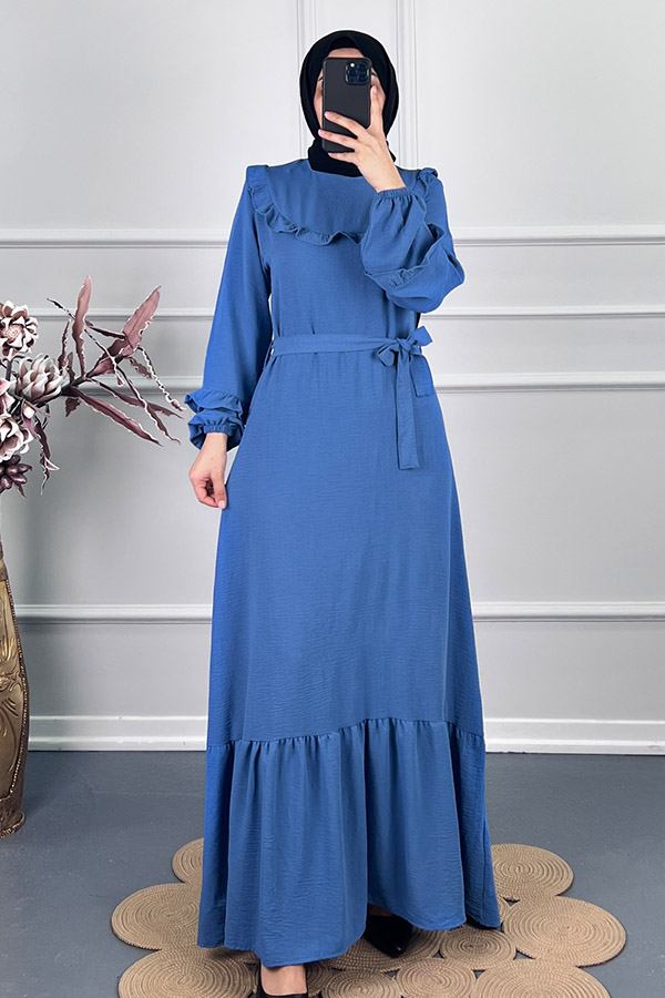 Fırfırlı Kuşaklı Elbise - Mavi