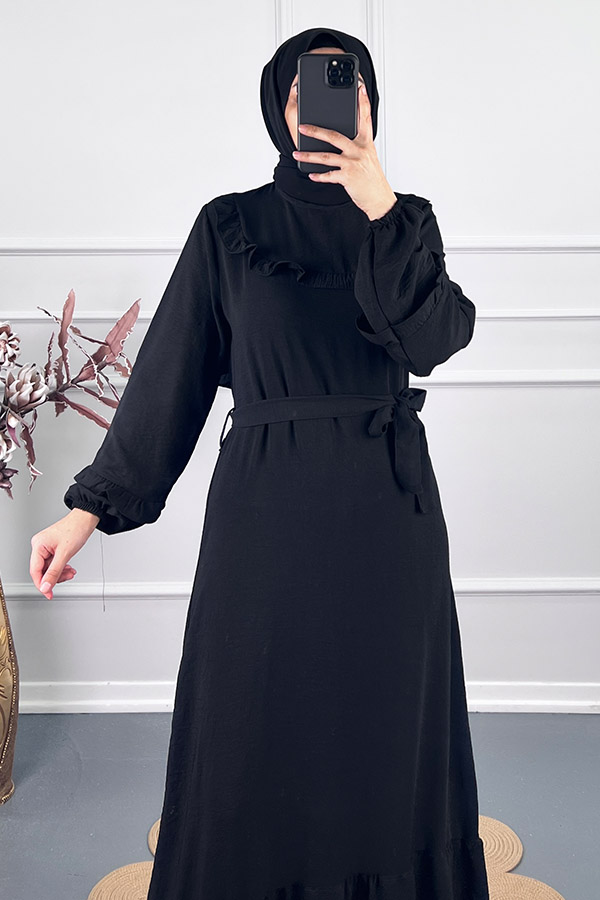 Fırfırlı Kuşaklı Elbise - Siyah