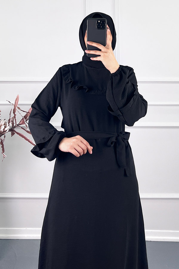 Fırfırlı Kuşaklı Elbise - Siyah
