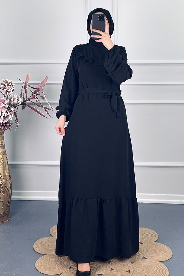 Fırfırlı Kuşaklı Elbise - Siyah
