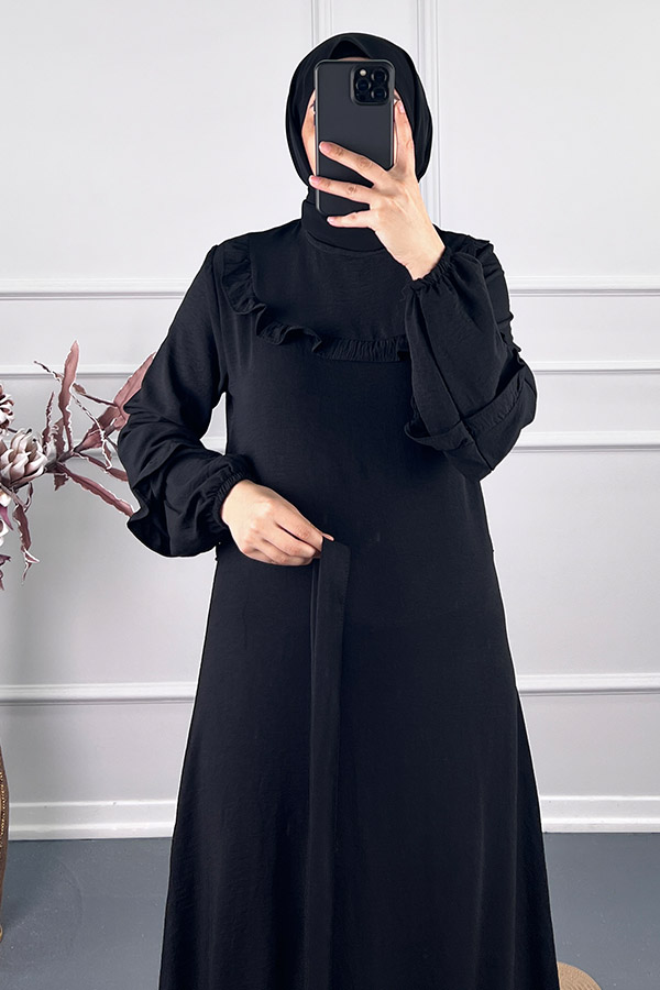 Fırfırlı Kuşaklı Elbise - Siyah