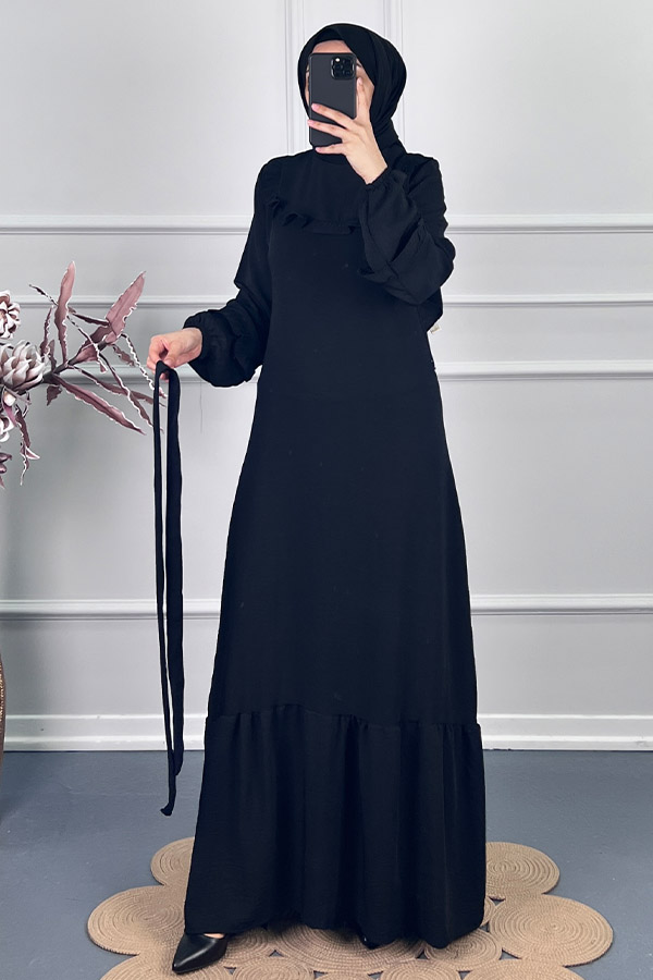 Fırfırlı Kuşaklı Elbise - Siyah