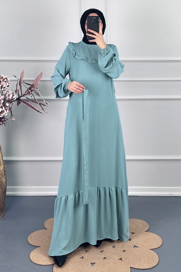 Fırfırlı Kuşaklı Elbise - Su Yeşili