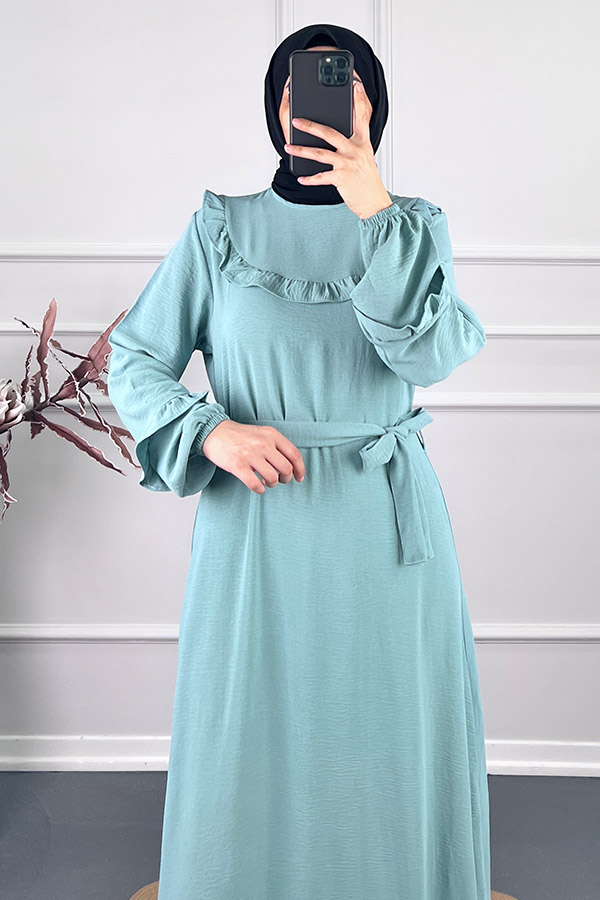 Fırfırlı Kuşaklı Elbise - Su Yeşili