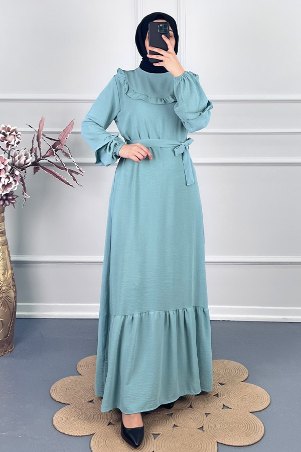 Fırfırlı Kuşaklı Elbise - Su Yeşili