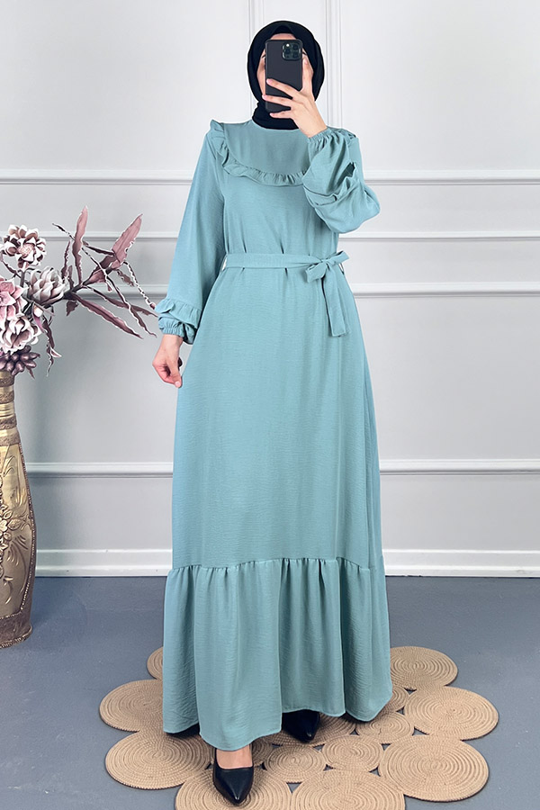 Fırfırlı Kuşaklı Elbise - Su Yeşili