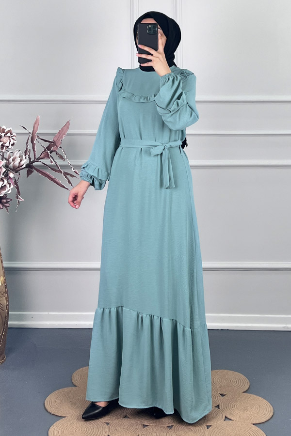 Fırfırlı Kuşaklı Elbise - Su Yeşili