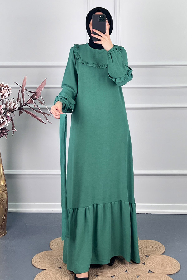 Fırfırlı Kuşaklı Elbise - Yeşil