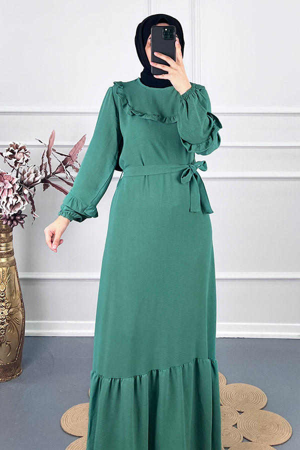 Fırfırlı Kuşaklı Elbise - Yeşil