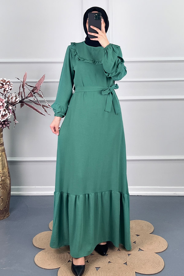 Fırfırlı Kuşaklı Elbise - Yeşil