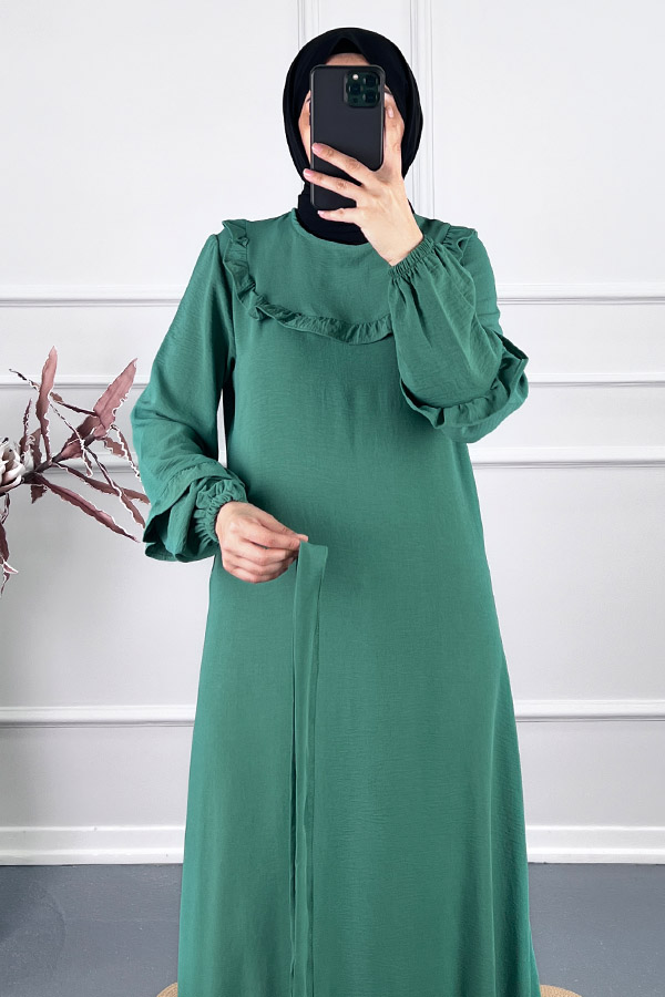 Fırfırlı Kuşaklı Elbise - Yeşil