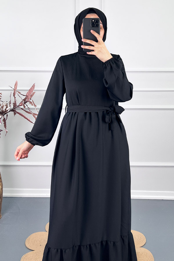 Fırfırlı Saten Elbise - Siyah