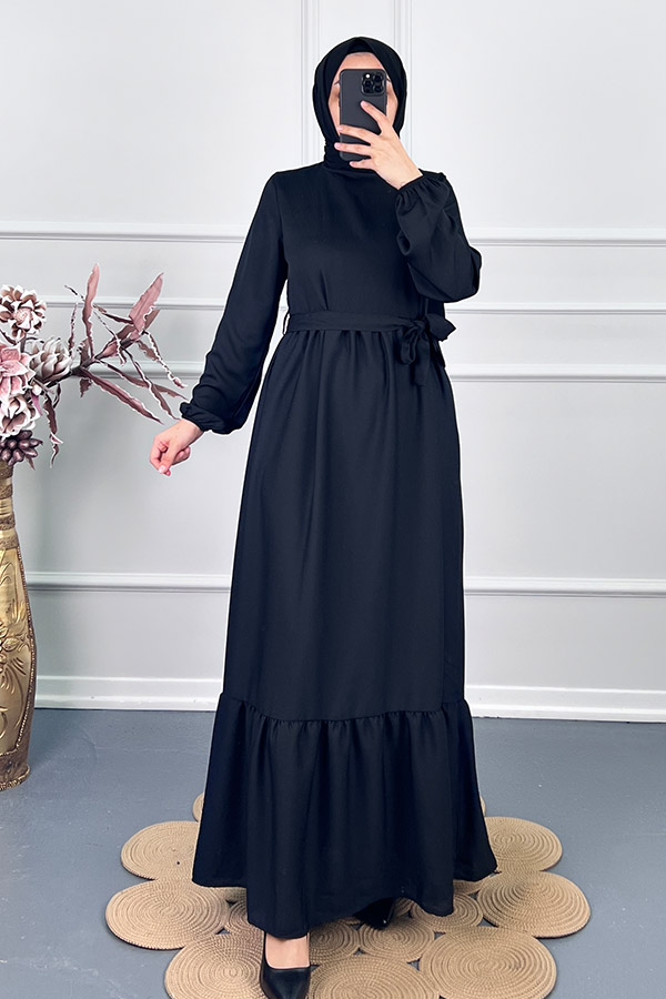 Fırfırlı Saten Elbise - Siyah