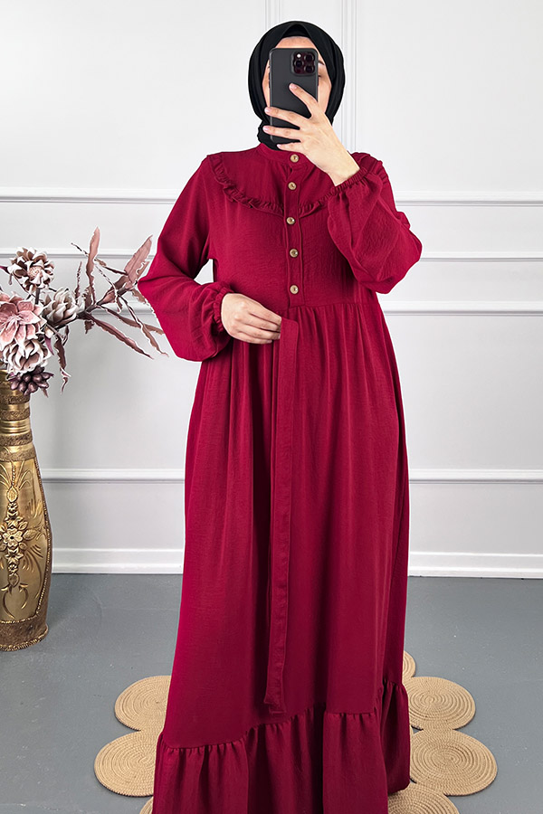 Fırfırlı Tesettür Elbise - Bordo