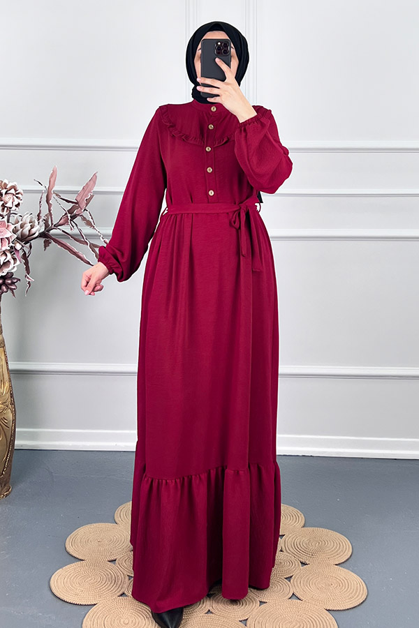 Fırfırlı Tesettür Elbise - Bordo