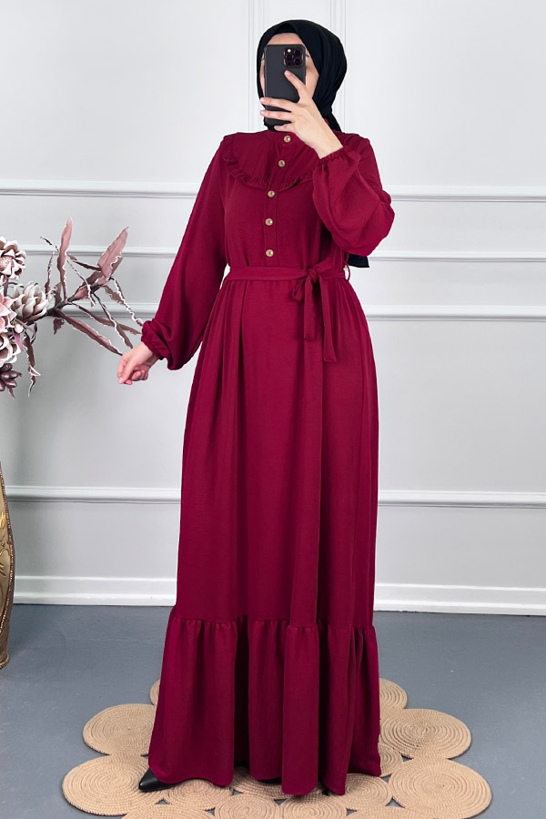 Fırfırlı Tesettür Elbise - Bordo
