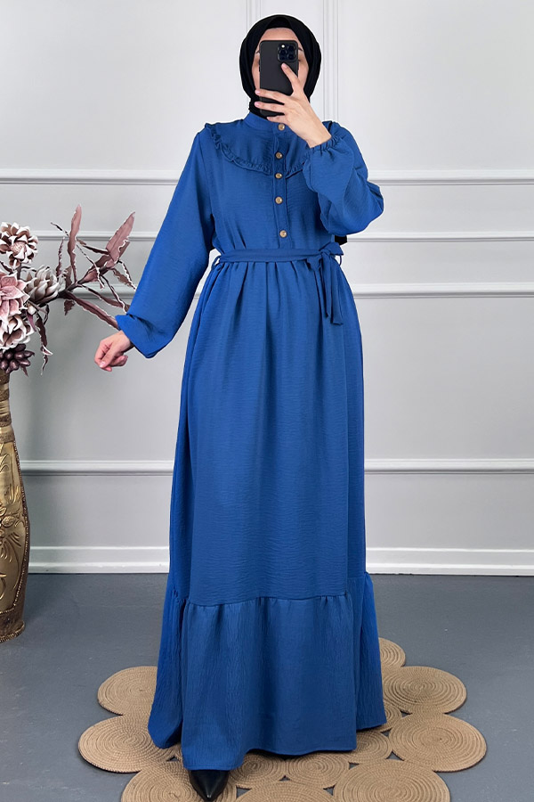 Fırfırlı Tesettür Elbise - Mavi