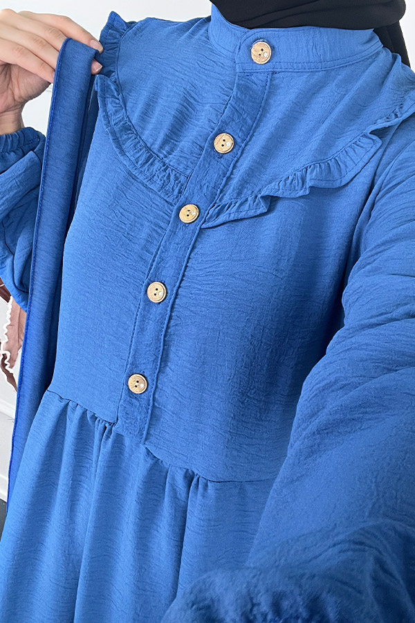 Fırfırlı Tesettür Elbise - Mavi