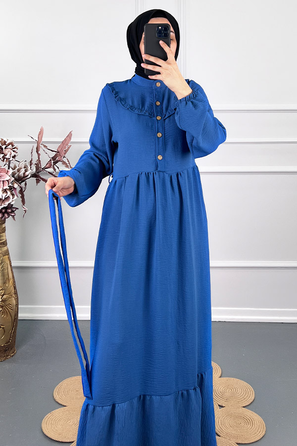 Fırfırlı Tesettür Elbise - Mavi