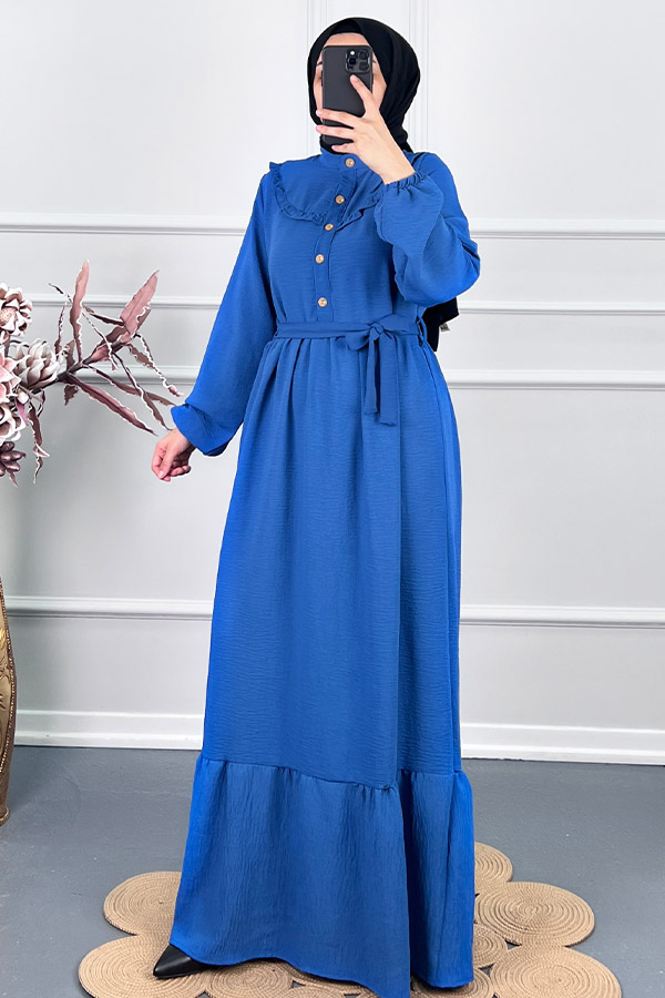 Fırfırlı Tesettür Elbise - Mavi