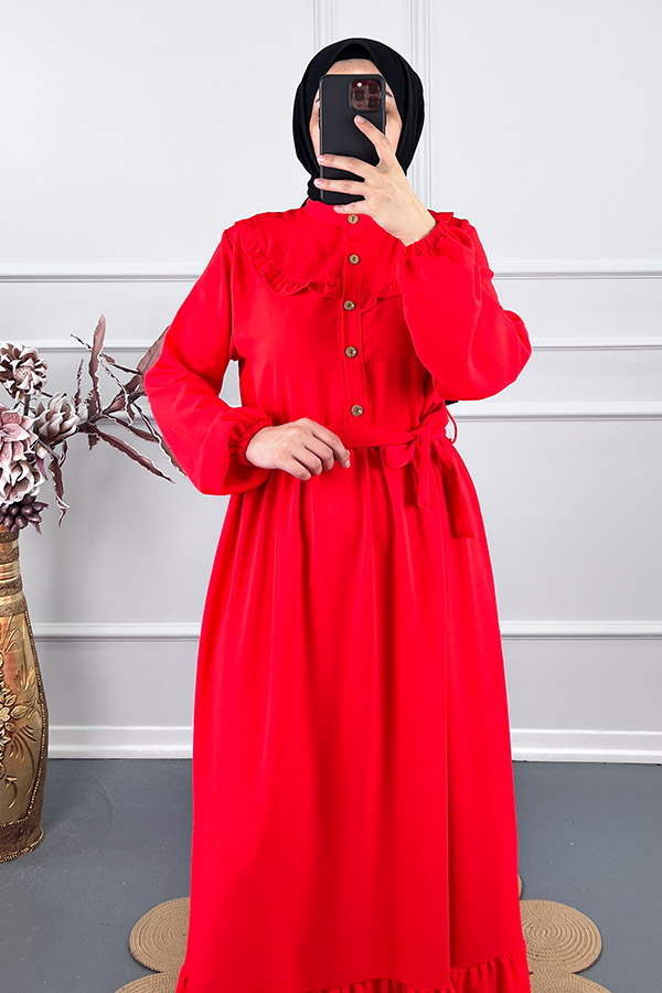 Fırfırlı Tesettür Elbise - Nar Çiçeği