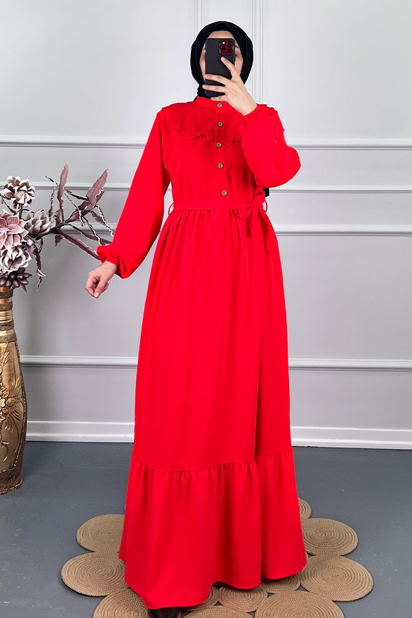 Fırfırlı Tesettür Elbise - Nar Çiçeği