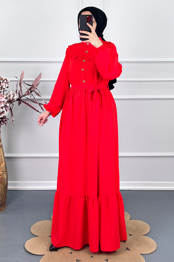 Fırfırlı Tesettür Elbise - Nar Çiçeği