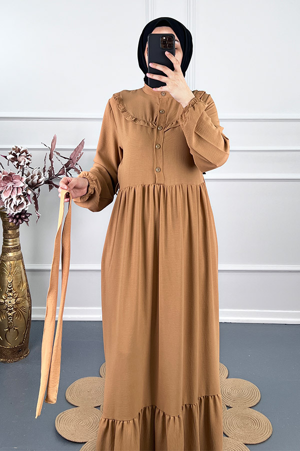 Fırfırlı Tesettür Elbise - Vizon