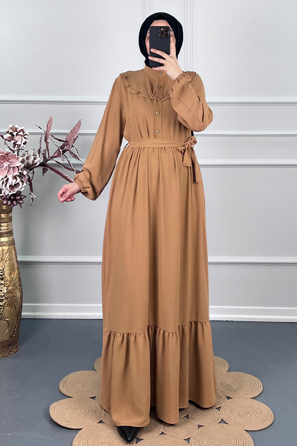 Fırfırlı Tesettür Elbise - Vizon