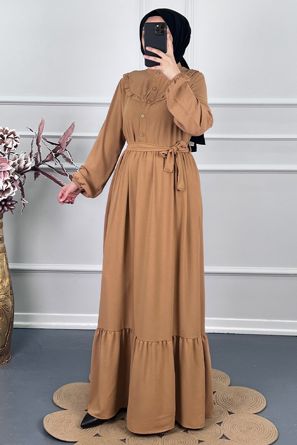 Fırfırlı Tesettür Elbise - Vizon