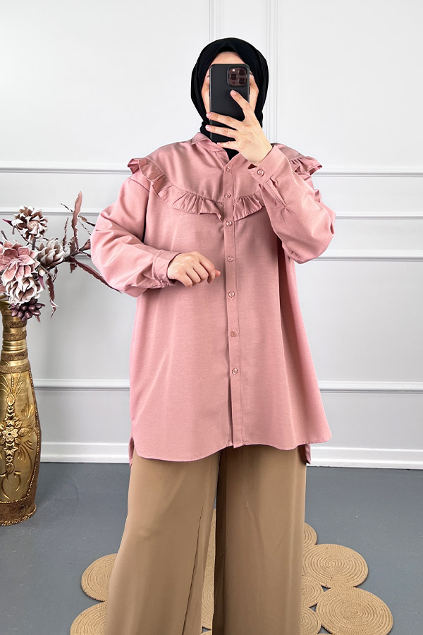 Fırfırlı Tesettür Gömlek - Pudra