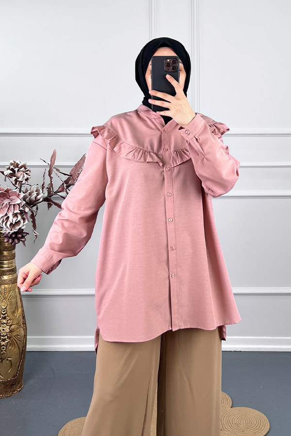 Fırfırlı Tesettür Gömlek - Pudra
