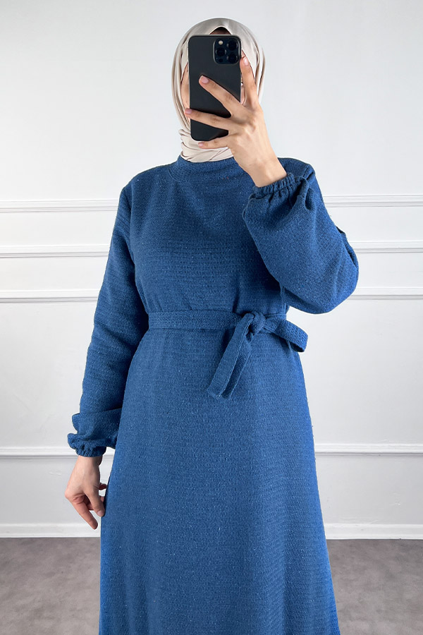 Fırfırlı Tüvit Elbise - İndigo Fırfırlı Tüvit Elbise - İndigo