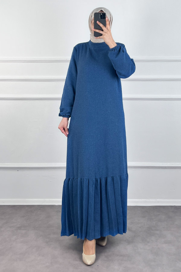 Fırfırlı Tüvit Elbise - İndigo Fırfırlı Tüvit Elbise - İndigo
