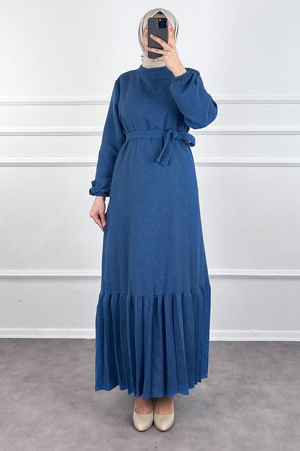 Fırfırlı Tüvit Elbise - İndigo Fırfırlı Tüvit Elbise - İndigo