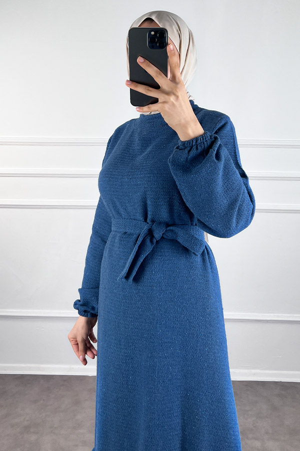 Fırfırlı Tüvit Elbise - İndigo Fırfırlı Tüvit Elbise - İndigo