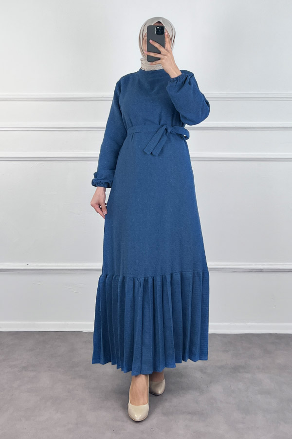 Fırfırlı Tüvit Elbise - İndigo Fırfırlı Tüvit Elbise - İndigo