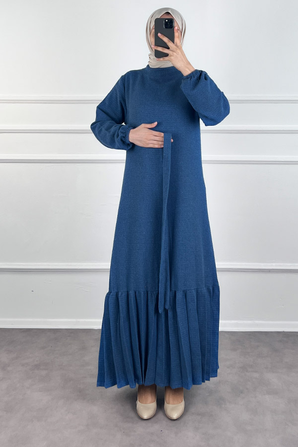 Fırfırlı Tüvit Elbise - İndigo Fırfırlı Tüvit Elbise - İndigo