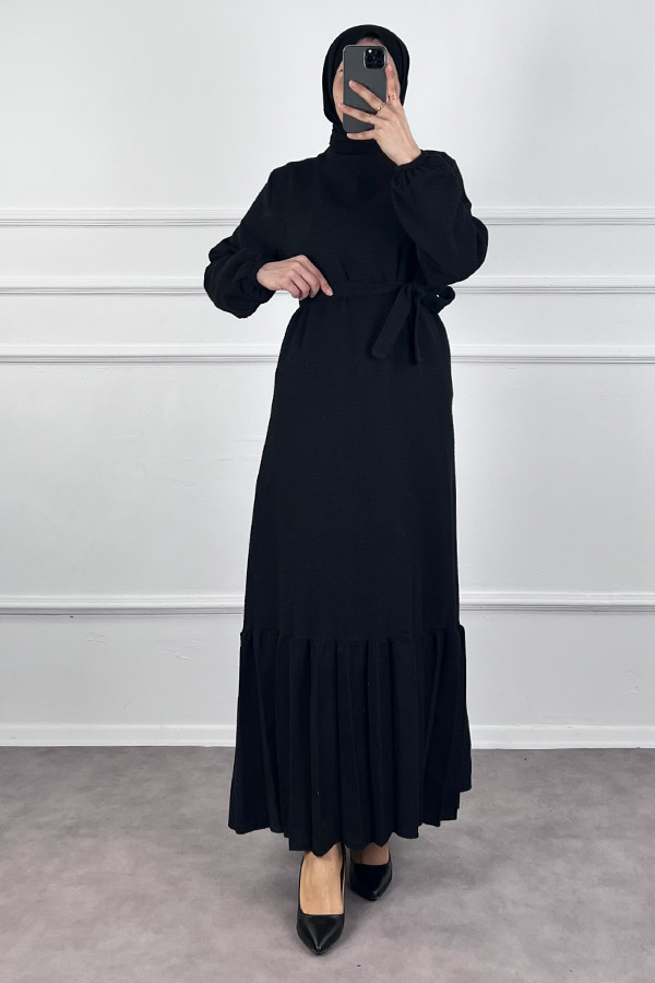 Fırfırlı Tüvit Elbise - Siyah