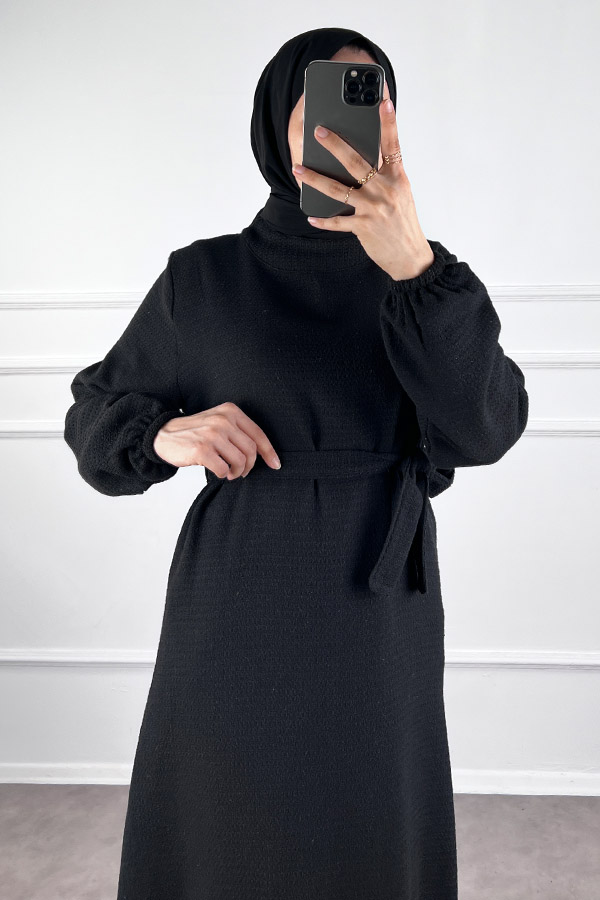 Fırfırlı Tüvit Elbise - Siyah