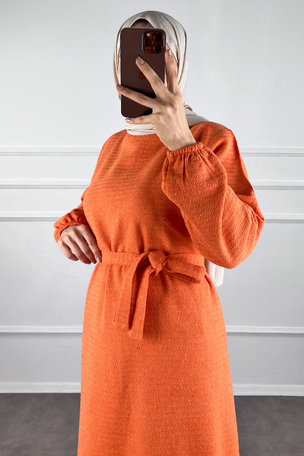 Fırfırlı Tüvit Elbise - Turuncu