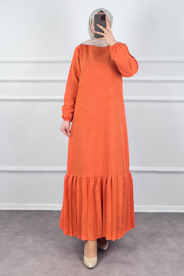 Fırfırlı Tüvit Elbise - Turuncu