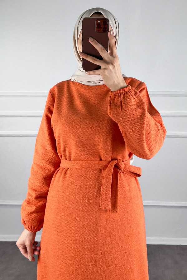Fırfırlı Tüvit Elbise - Turuncu
