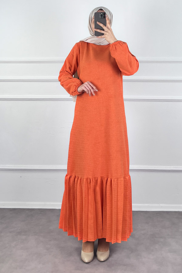 Fırfırlı Tüvit Elbise - Turuncu