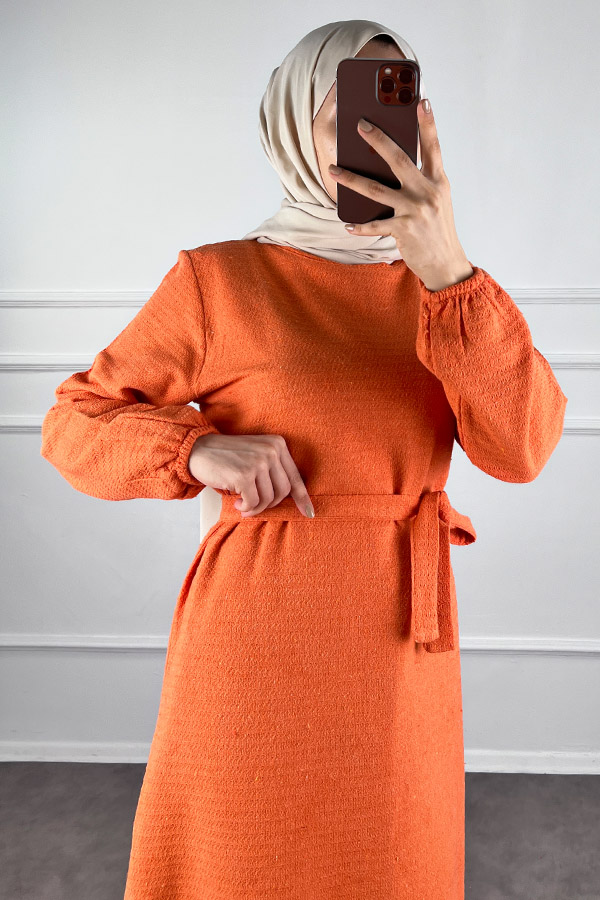 Fırfırlı Tüvit Elbise - Turuncu