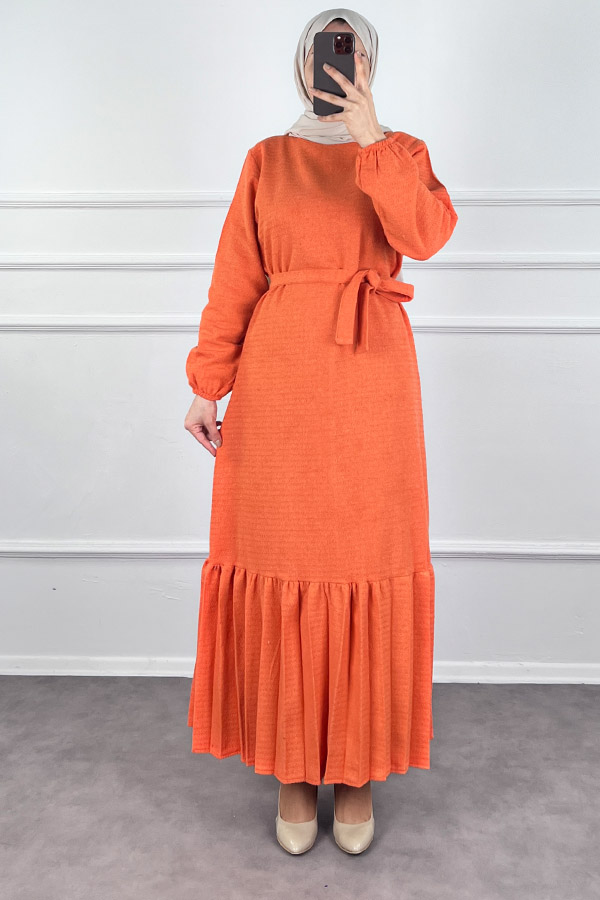 Fırfırlı Tüvit Elbise - Turuncu