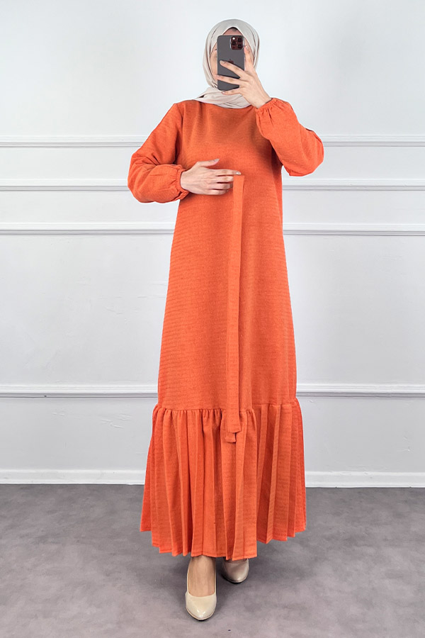 Fırfırlı Tüvit Elbise - Turuncu