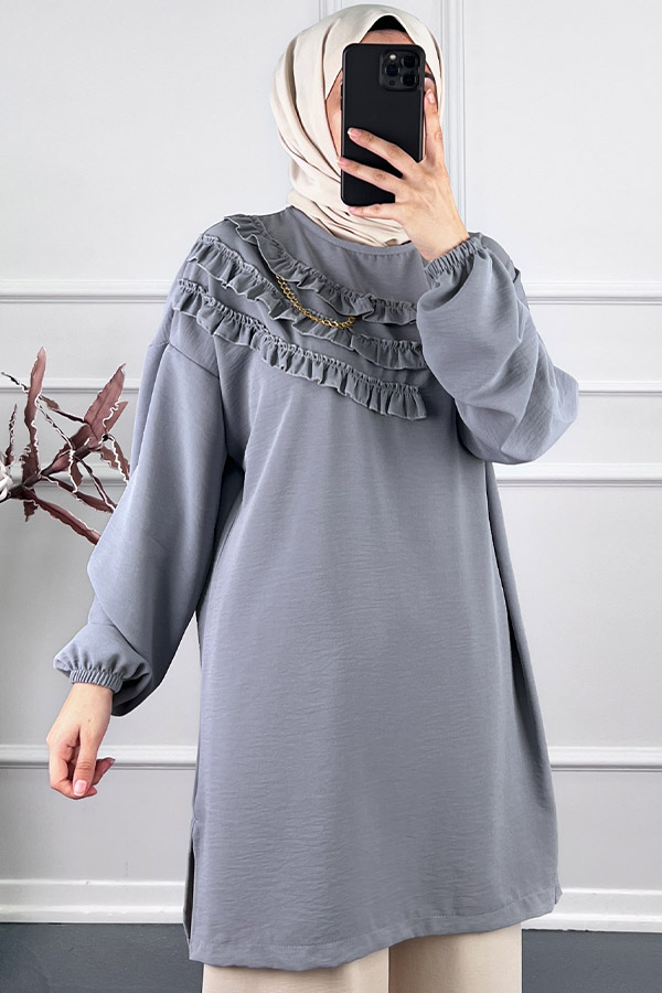 Fırfırlı Zincirli Tunik - Gri