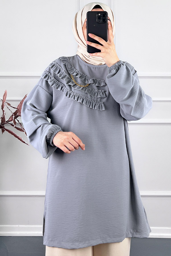 Fırfırlı Zincirli Tunik - Gri