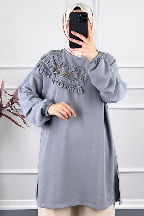 Fırfırlı Zincirli Tunik - Gri